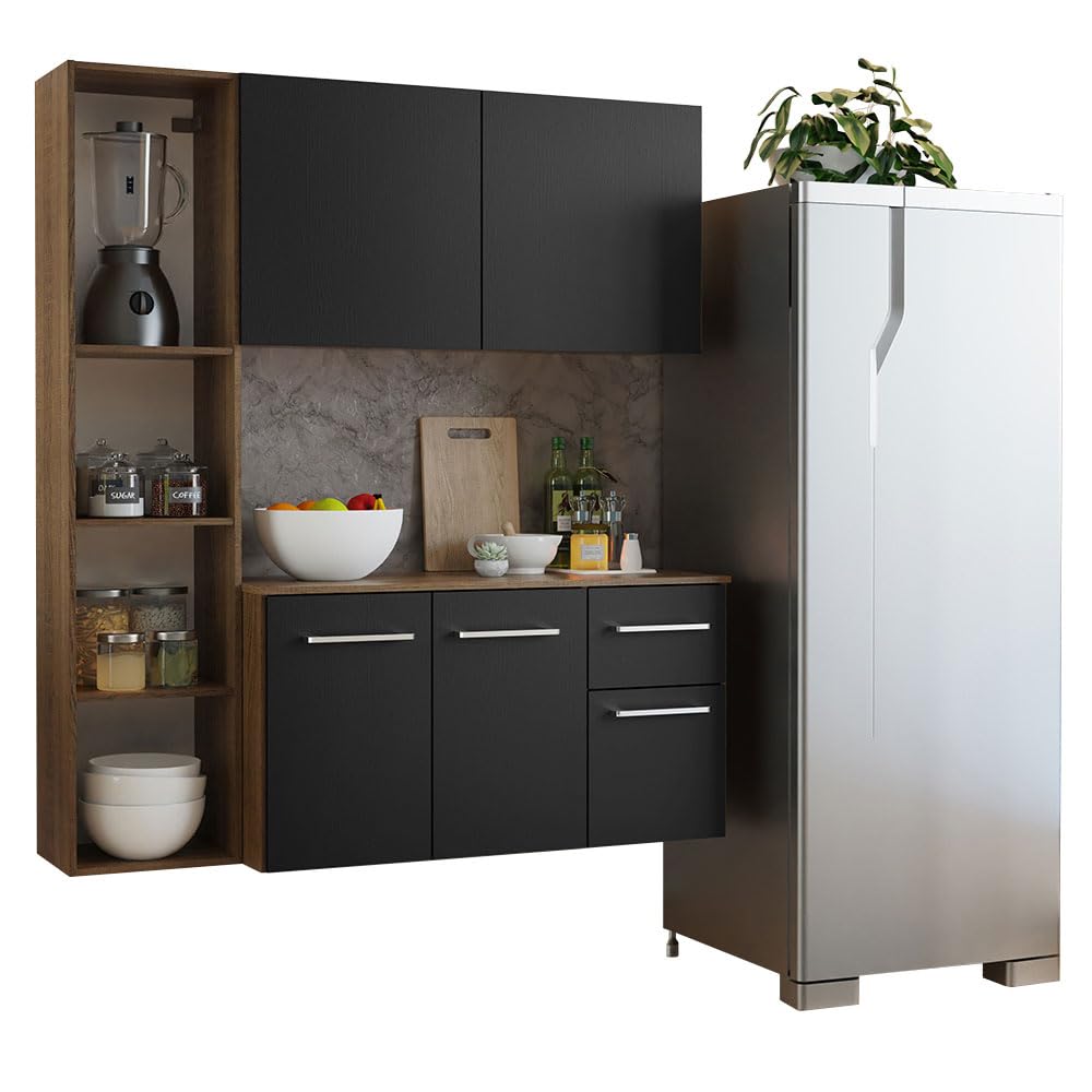 Modular kitchen Cabinets Ample Storage 120 Cm Wide with Multiple Compartments, 8 niches, 1 Drawers and Suspended Kitchen - Brown Black