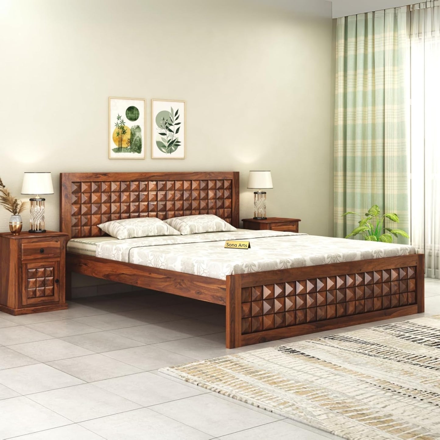 Arthur Wooden Double Bed Without Storage Sheesham solid Wood Bed, Walnut