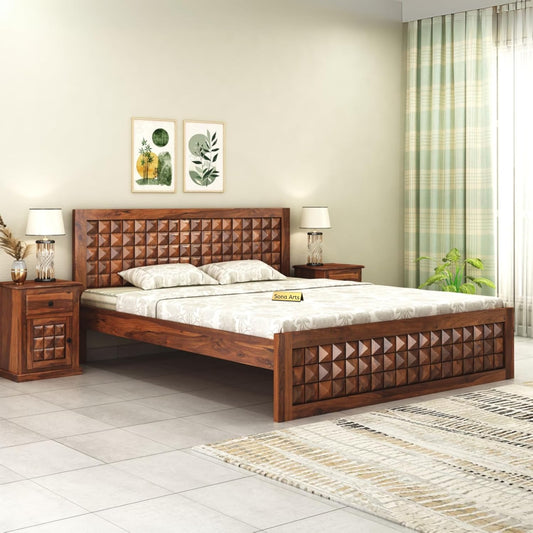 Arthur Wooden Double Bed Without Storage Sheesham solid Wood Bed, Walnut