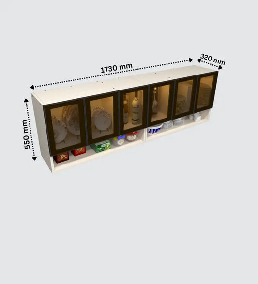 Aluminium Black 6 Door Brown Tinted Glass Handless shutter, Organizer Shelf Engineered Wood Crockery Cabinet (Finish Color - Highland Pine Brown Tinted Natural Partial Transparent