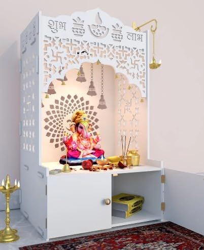 Suhana Wooden Pooja Mandir for Home | Decorative Temple with Jali Work, Dome & Storage Cabinet | Wall/Floor Placement | White Finish Puja Unit for...