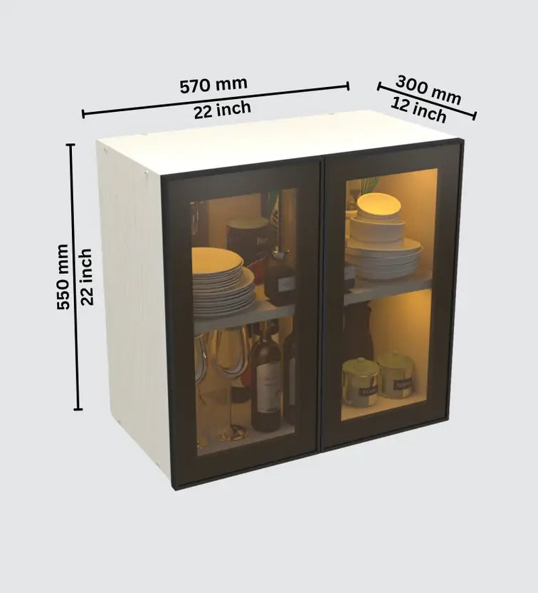 Aluminium Black Prof. Double Door Brown Tinted Glass Handless shutter, Organizer Shelf Engineered Wood Crockery Cabinet