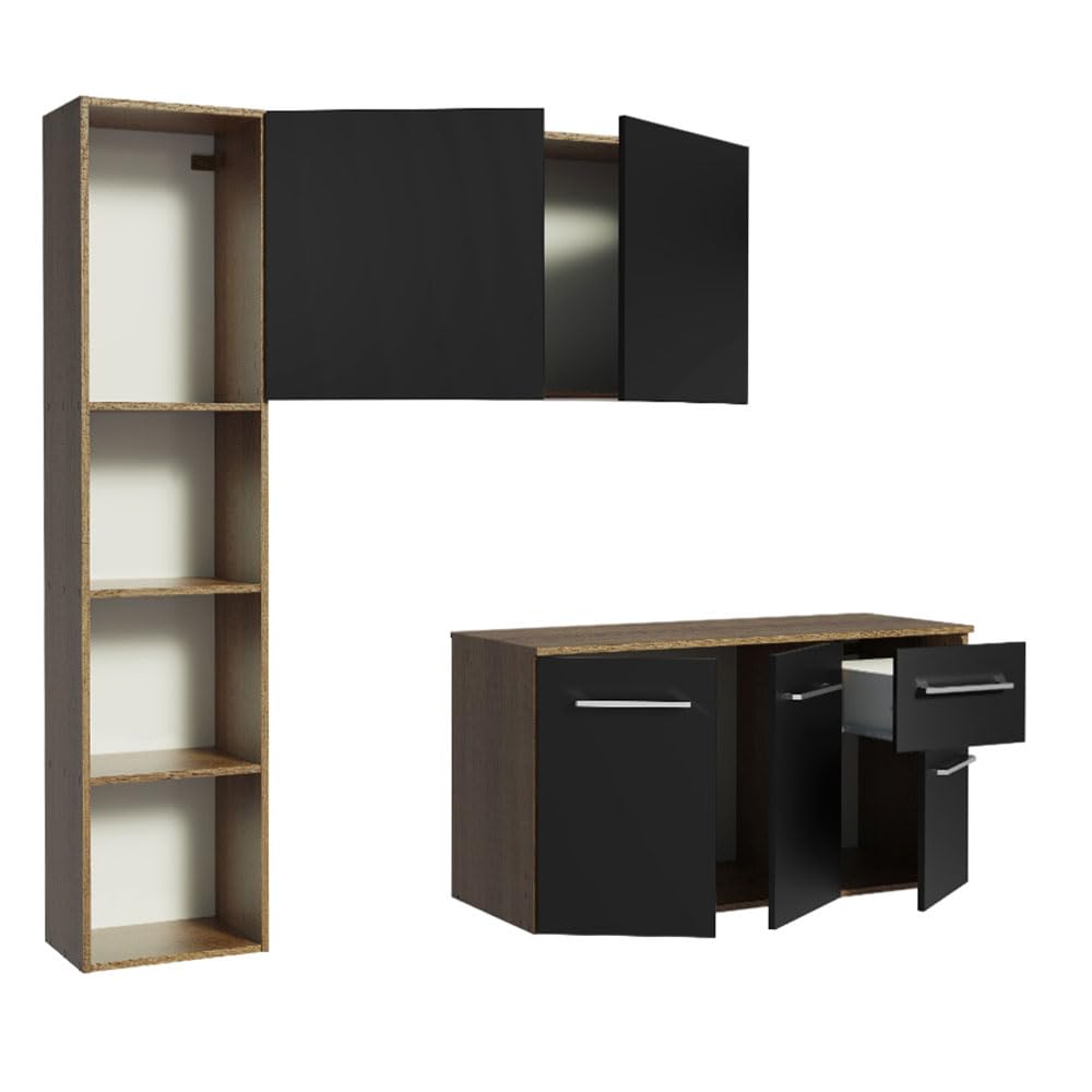 Modular kitchen Cabinets Ample Storage 120 Cm Wide with Multiple Compartments, 8 niches, 1 Drawers and Suspended Kitchen - Brown Black