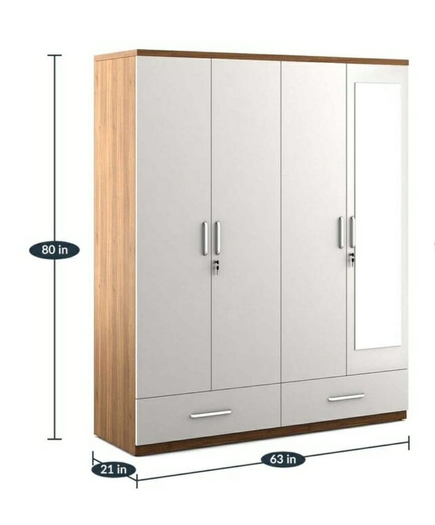 Scottish 4 Door Wardrobe Engineering wood White and Walnut with Mirror and Drawer Almirah Storage