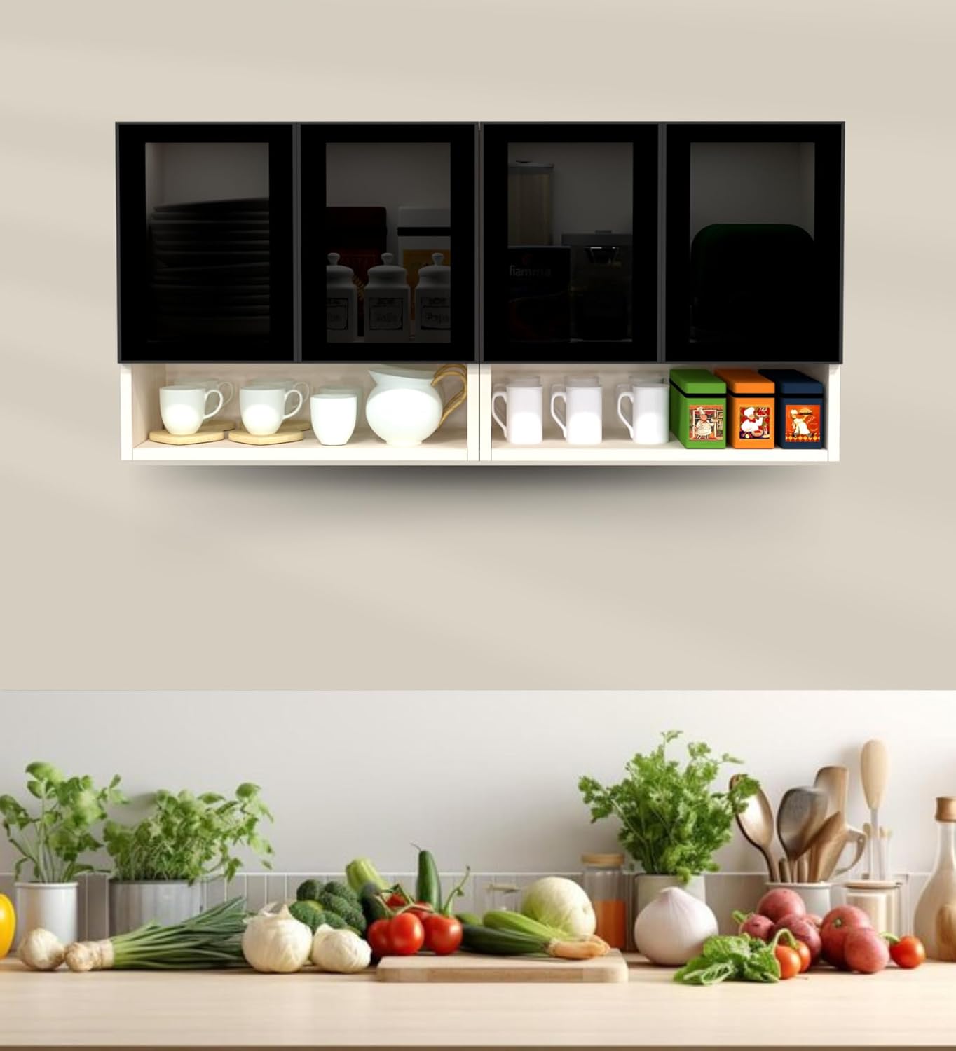 PANELS Aluminium Black Prof. 4 Door Brown Tinted Glass Handless shutter, Organizer Shelf Engineered Wood Crockery Cabinet  (Finish Color - Highland Pine Brown Tinted Natural Partial Transp