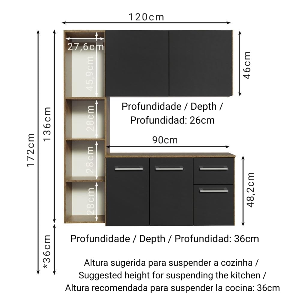 Modular kitchen Cabinets Ample Storage 120 Cm Wide with Multiple Compartments, 8 niches, 1 Drawers and Suspended Kitchen - Brown Black