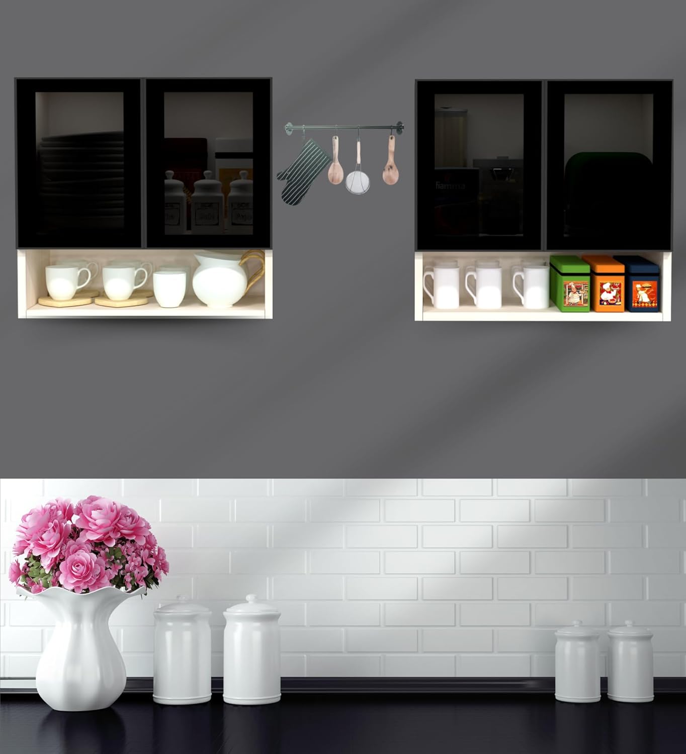 PANELS Aluminium Black Prof. 4 Door Brown Tinted Glass Handless shutter, Organizer Shelf Engineered Wood Crockery Cabinet  (Finish Color - Highland Pine Brown Tinted Natural Partial Transp