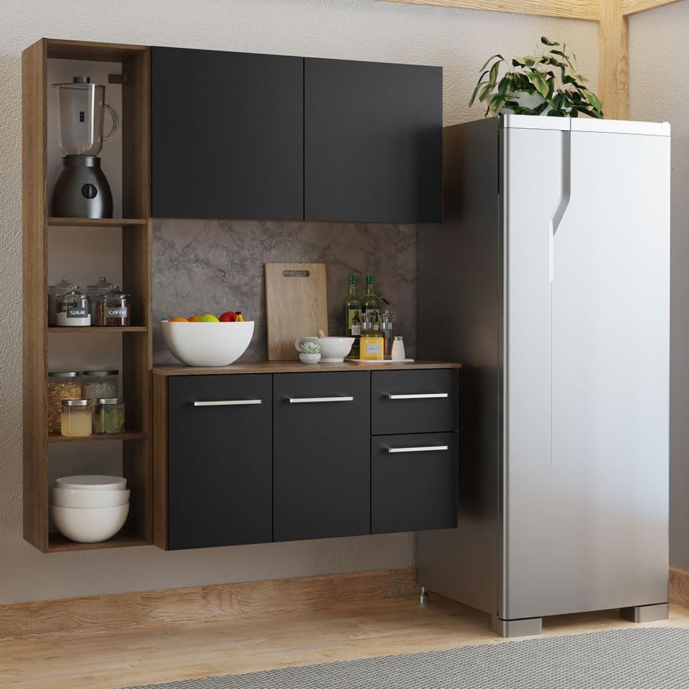 Modular kitchen Cabinets Ample Storage 120 Cm Wide with Multiple Compartments, 8 niches, 1 Drawers and Suspended Kitchen - Brown Black