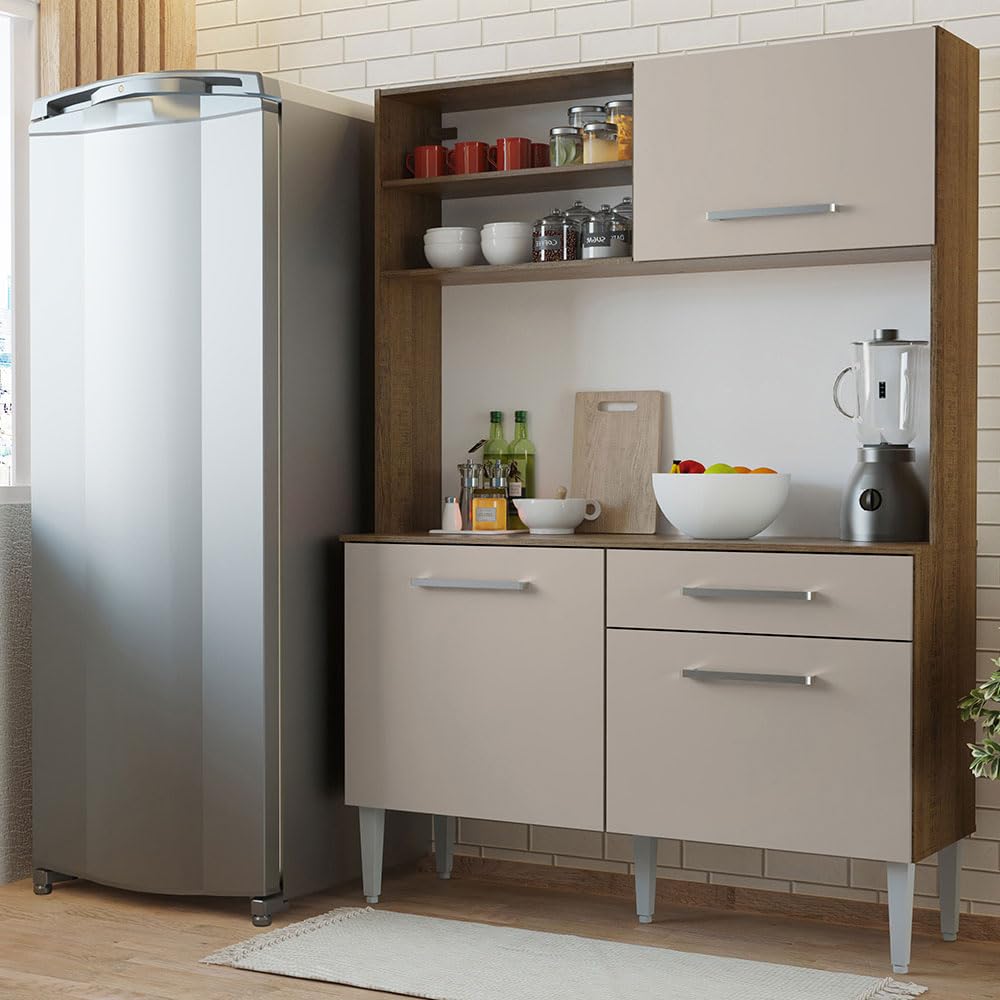 Compact Kitchen Set with Cabinets Ample Storage 120 Cm Wide with Multiple Compartments, 5 niches, 1 Drawers and PVC feet - Brown Beige