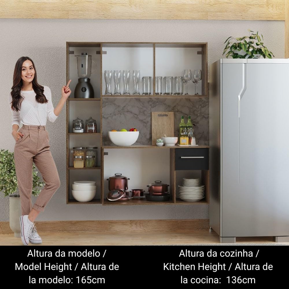 Modular kitchen Cabinets Ample Storage 120 Cm Wide with Multiple Compartments, 8 niches, 1 Drawers and Suspended Kitchen - Brown Black