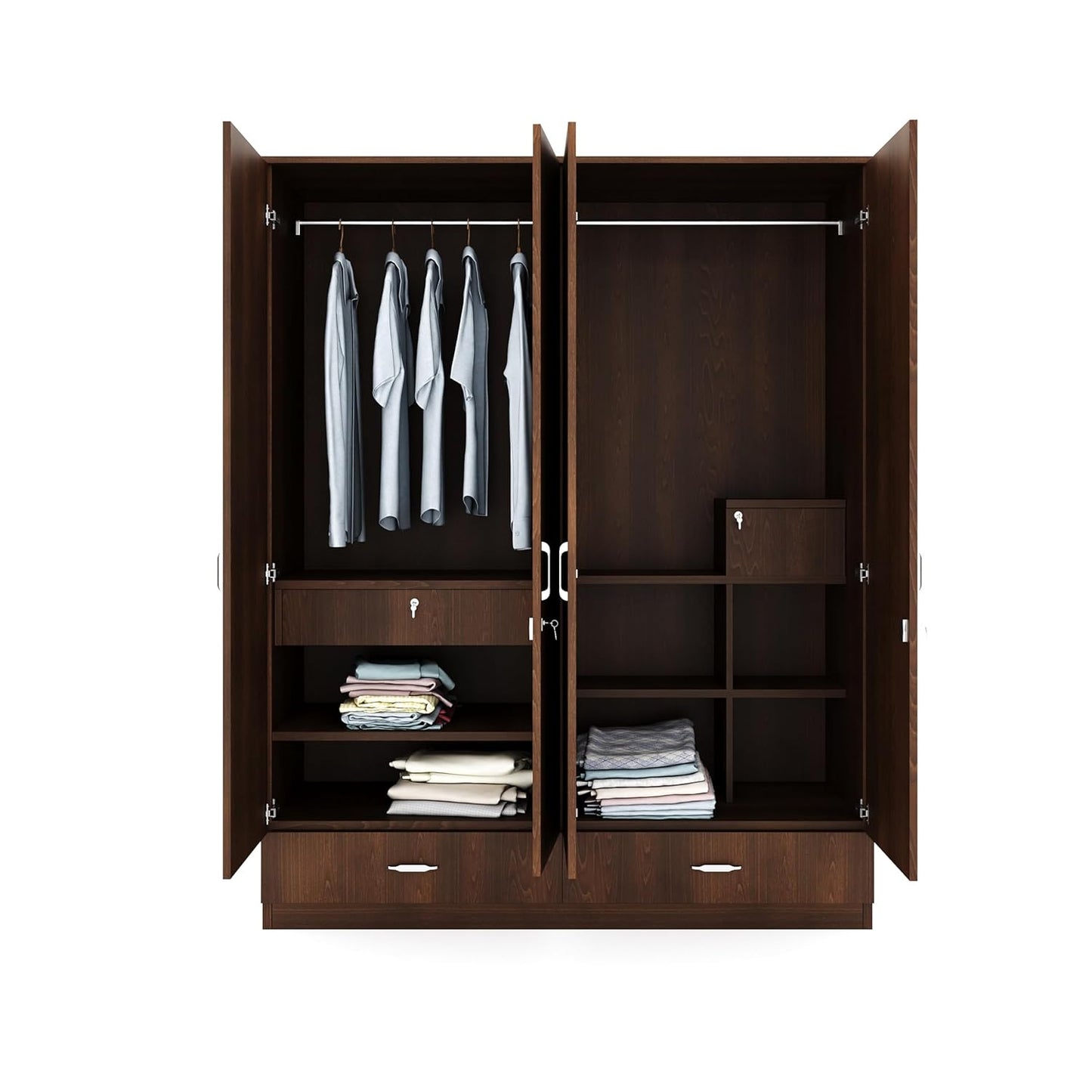 Scottish 4 Door Wardrobe Engineering wood White and Walnut with Mirror and Drawer Almirah Storage