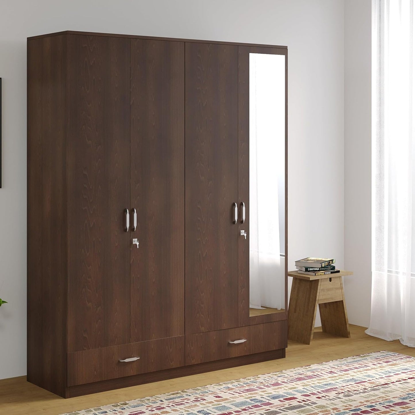 Scottish 4 Door Wardrobe Engineering wood White and Walnut with Mirror and Drawer Almirah Storage