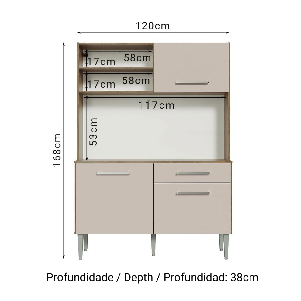 Compact Kitchen Set with Cabinets Ample Storage 120 Cm Wide with Multiple Compartments, 5 niches, 1 Drawers and PVC feet - Brown Beige