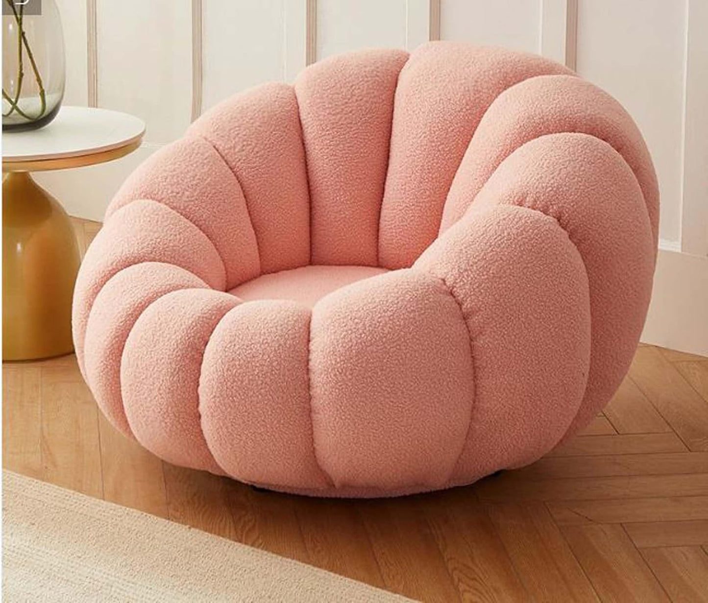 Cozy Pumpkin Style Wooden Sofa, Contemporary Modern & Cozy Accent Chair for Living Room (Beige, 1 Seater Chair with Ottoman