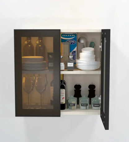 Aluminium Black Prof. Double Door Brown Tinted Glass Handless shutter, Organizer Shelf Engineered Wood Crockery Cabinet