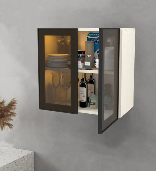 Aluminium Black Prof. Double Door Brown Tinted Glass Handless shutter, Organizer Shelf Engineered Wood Crockery Cabinet