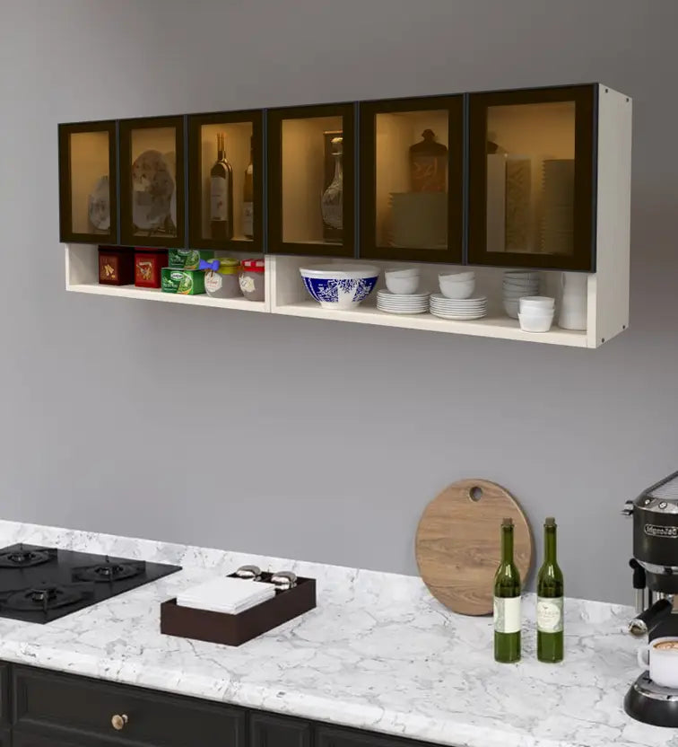 Aluminium Black 6 Door Brown Tinted Glass Handless shutter, Organizer Shelf Engineered Wood Crockery Cabinet  (Finish Color - Highland Pine Brown Tinted Natural Partial Transparent