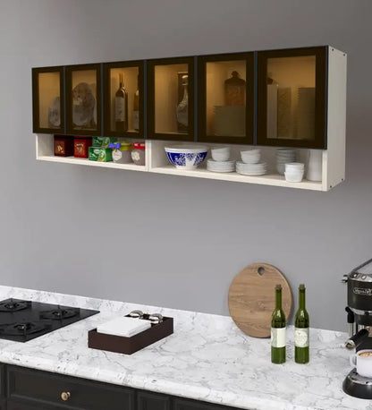 Aluminium Black 6 Door Brown Tinted Glass Handless shutter, Organizer Shelf Engineered Wood Crockery Cabinet  (Finish Color - Highland Pine Brown Tinted Natural Partial Transparent