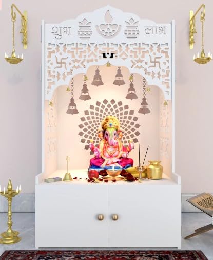 Suhana Wooden Pooja Mandir for Home | Decorative Temple with Jali Work, Dome & Storage Cabinet | Wall/Floor Placement | White Finish Puja Unit for...