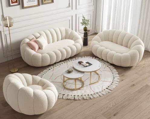 Cozy Pumpkin Style Wooden Sofa, Contemporary Modern & Cozy Accent Chair for Living Room (Beige, 1 Seater Chair with Ottoman