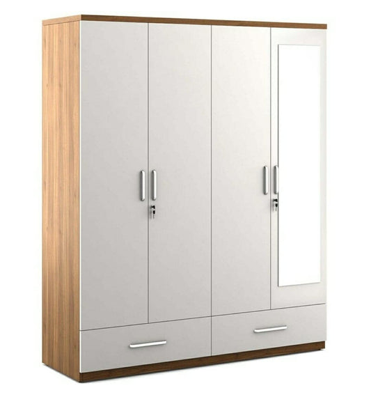 Scottish 4 Door Wardrobe Engineering wood White and Walnut with Mirror and Drawer Almirah Storage
