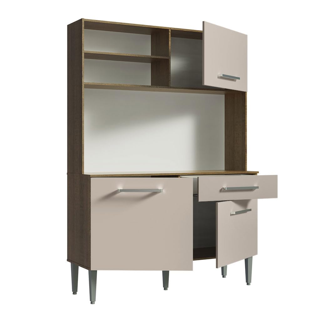 Compact Kitchen Set with Cabinets Ample Storage 120 Cm Wide with Multiple Compartments, 5 niches, 1 Drawers and PVC feet - Brown Beige