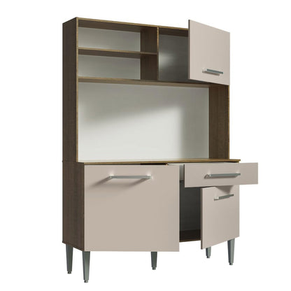 Compact Kitchen Set with Cabinets Ample Storage 120 Cm Wide with Multiple Compartments, 5 niches, 1 Drawers and PVC feet - Brown Beige