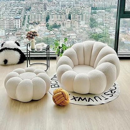 Cozy Pumpkin Style Wooden Sofa, Contemporary Modern & Cozy Accent Chair for Living Room (Beige, 1 Seater Chair with Ottoman