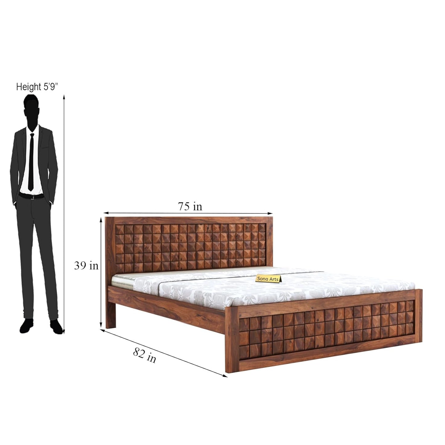 Arthur Wooden Double Bed Without Storage Sheesham solid Wood Bed, Walnut