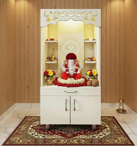AAlpine Willow Wooden Temple for Home (Pre-Assembled) Corian Design mandir I Pooja Mandir Unit I Dev ghar I Puja ghar I Puja Stand (Frosty White, 2 X 4 FT)