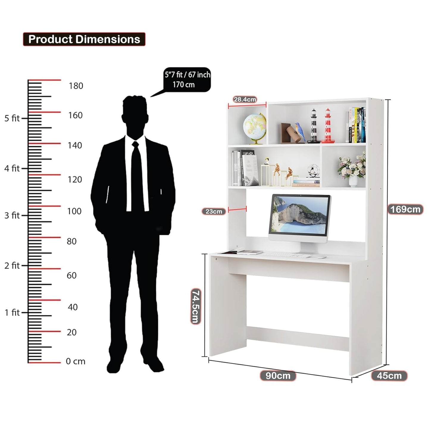 Multi-Purpose Computer Desk with Bookshelf  Engineered Wood  Study Table (90x45x169 cm)