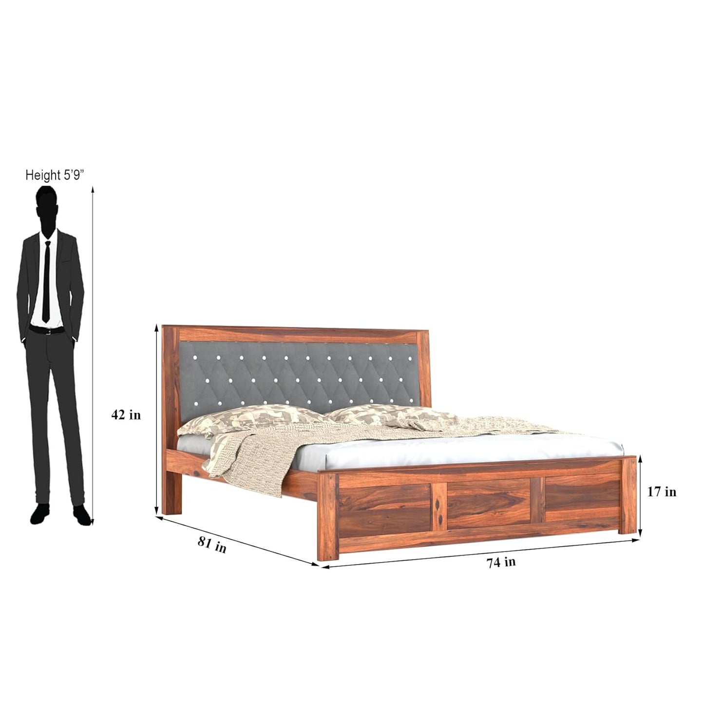 Arthur Wooden Double Bed Without Storage Sheesham solid Wood Bed, Walnut