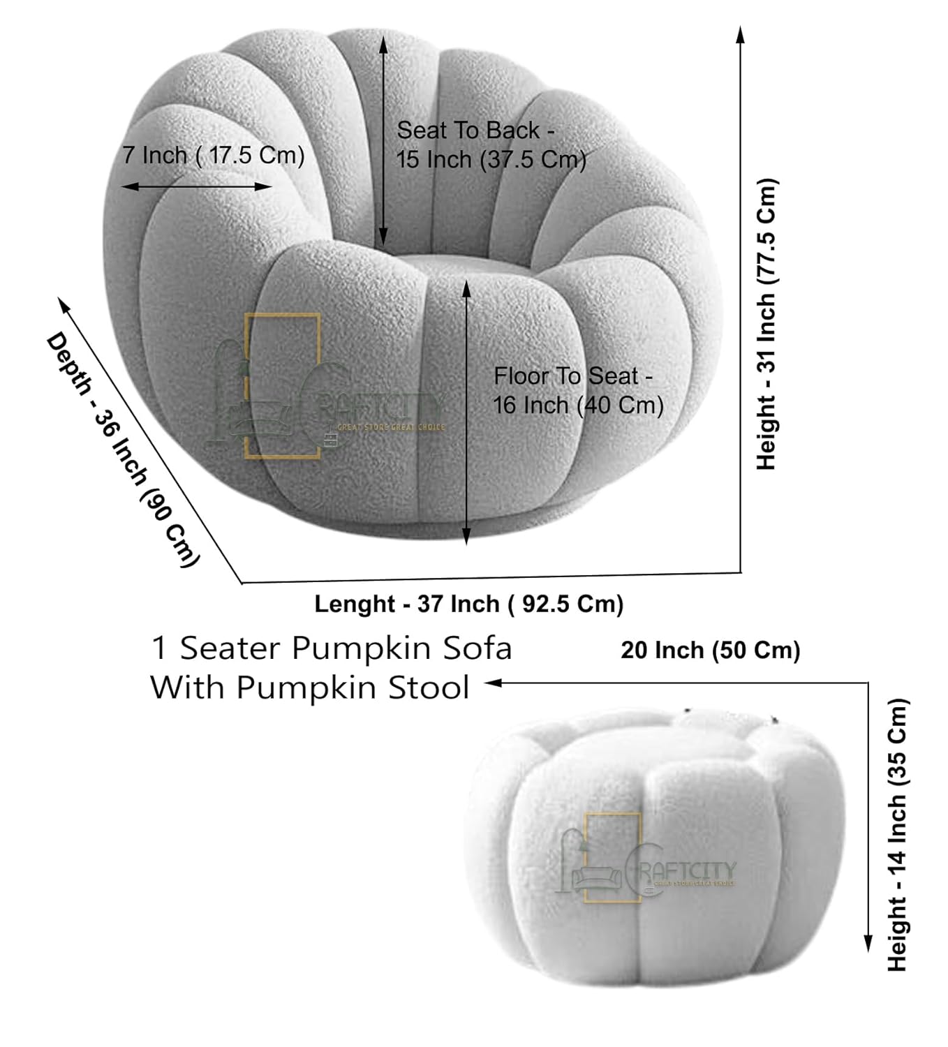 Cozy Pumpkin Style Wooden Sofa, Contemporary Modern & Cozy Accent Chair for Living Room (Beige, 1 Seater Chair with Ottoman