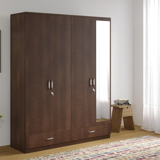 Scottish 4 Door Wardrobe Engineering wood White and Walnut with Mirror and Drawer Almirah Storage