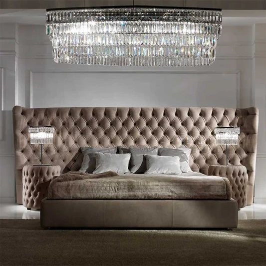 Button Upholstered Italian Bed with Extended Headboard