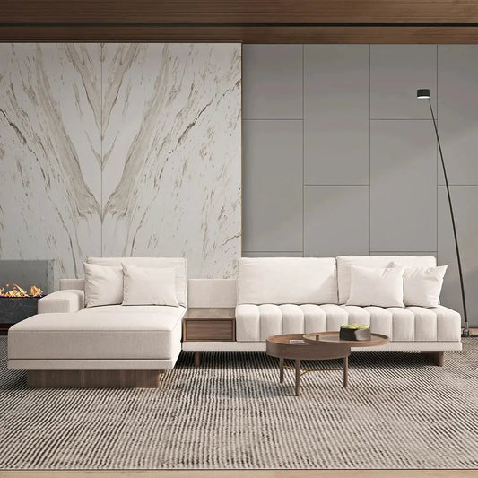 Cream L shape Sofa with Wooden Storage
